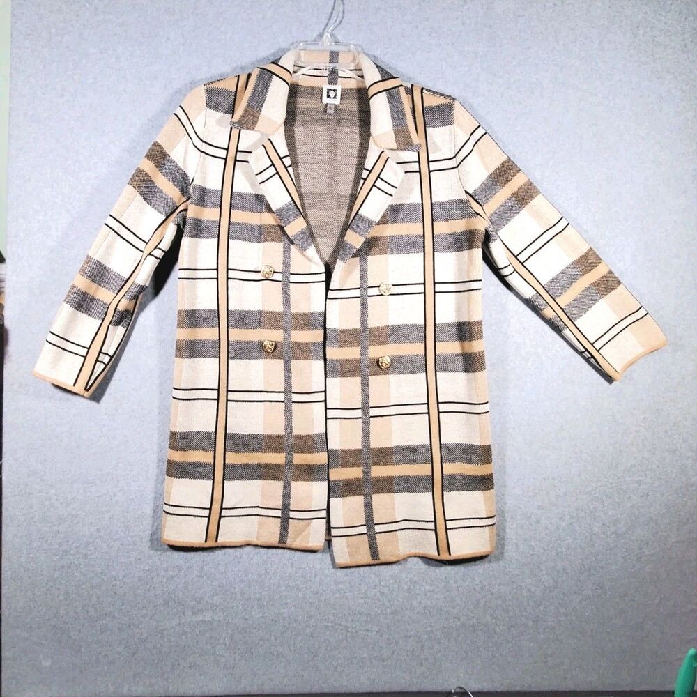 Anne Klein Cardigan Blazer Womens Medium Tan Plaid Double Breasted Gold Button L